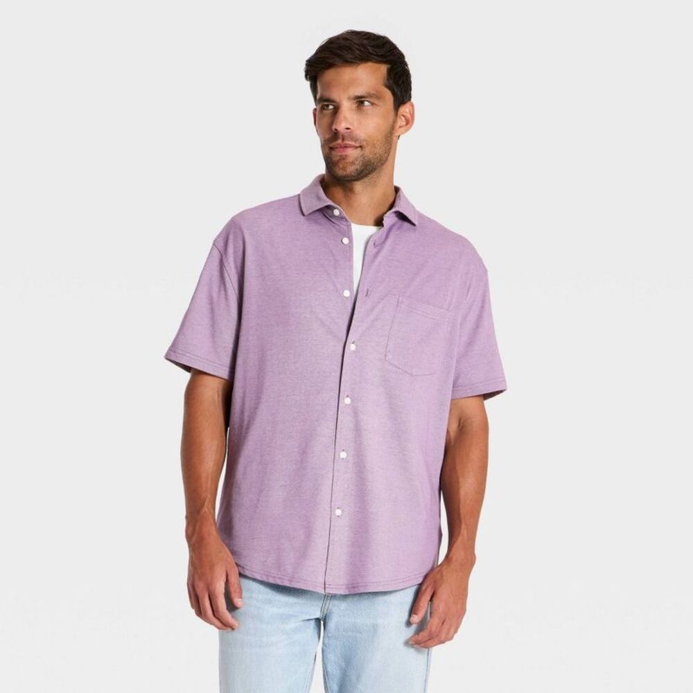 Men's Short Sleeve Comfort Pique Button-Up Shirt - Goodfellow & Co Purple XL